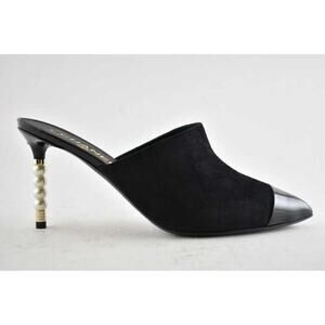 Chanel 20C Paris In Rome Pearl Black Suede Patent CC Mule Slide Heel Pump 40.5